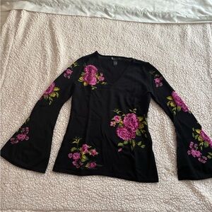 INC International Concepts Black Top with Pink Floral Embroidery